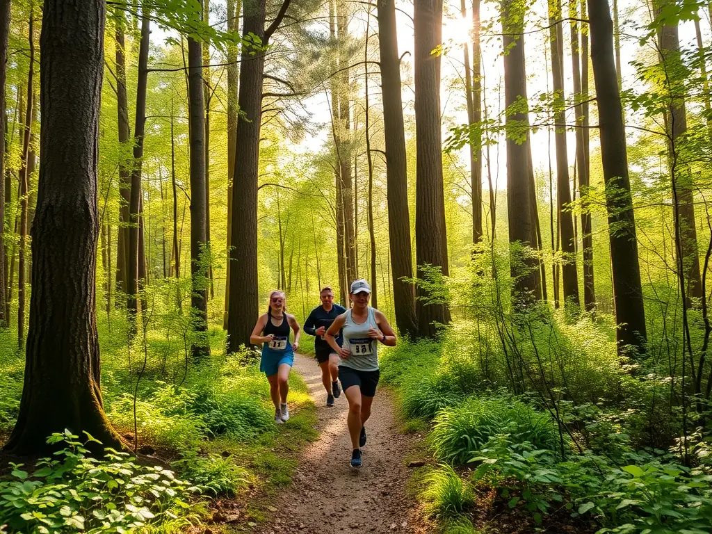 A group of runners participating in an off-road training session in a forest, focusing on teamwork and endurance.