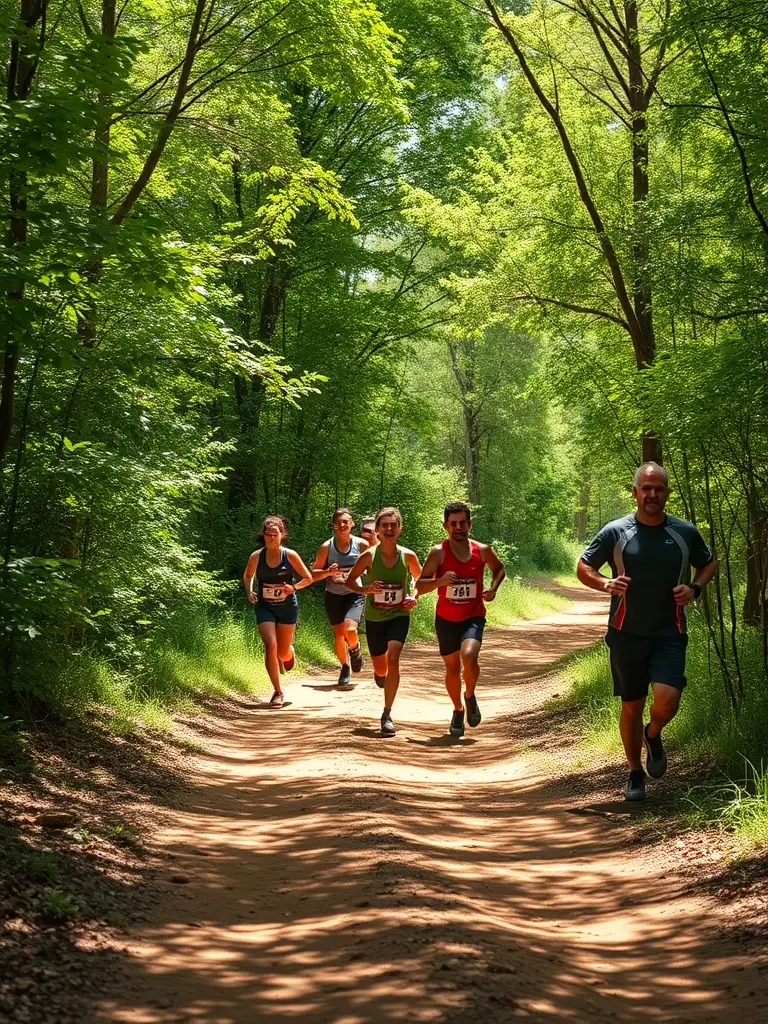 A group of runners training on a rugged trail surrounded by lush greenery, with trainers providing guidance, showcasing the off-road running training program.