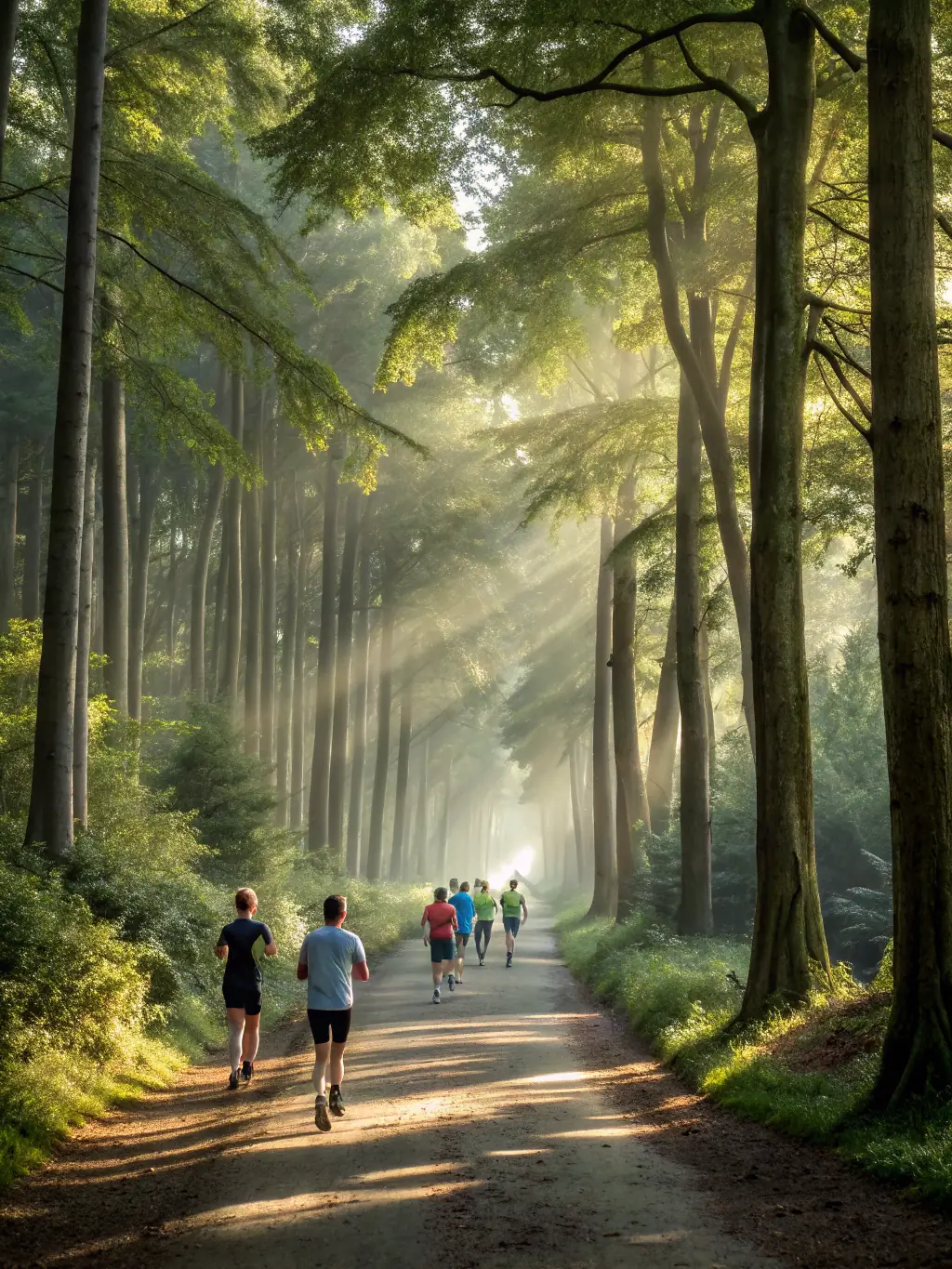 A group of runners participating in an off-road training session in a forest, focusing on their determined expressions and the natural environment.