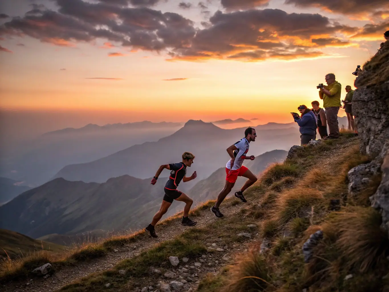 Runners crossing the finish line of a scenic trail race, with cheering spectators and vibrant banners, capturing the excitement of the annual off-road races.
