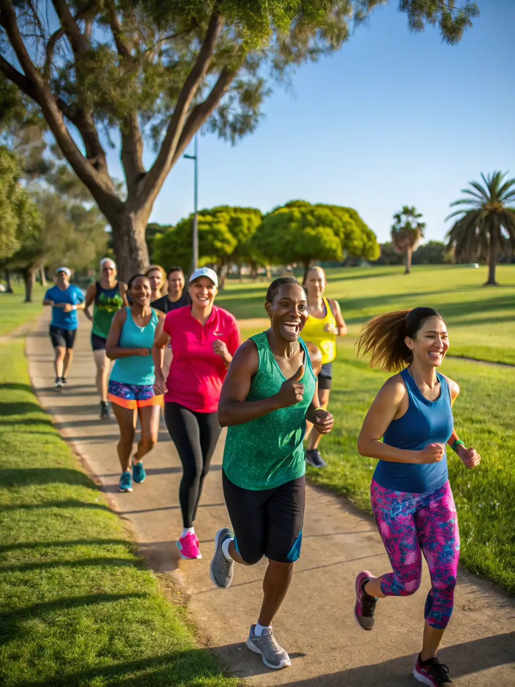A diverse group of runners stretching and warming up before a trail run, emphasizing injury prevention and proper preparation, part of BRANCEILLES K.M.19's comprehensive training.