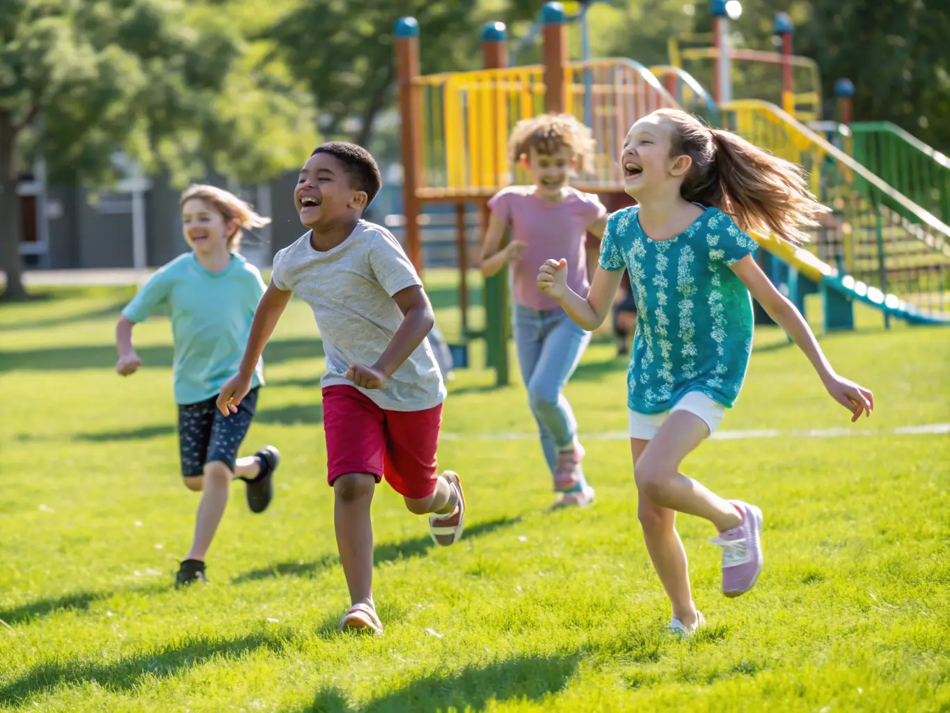 Children and adults participating in a group outdoor activity, smiling and engaging in sports, representing the youth and community programs.