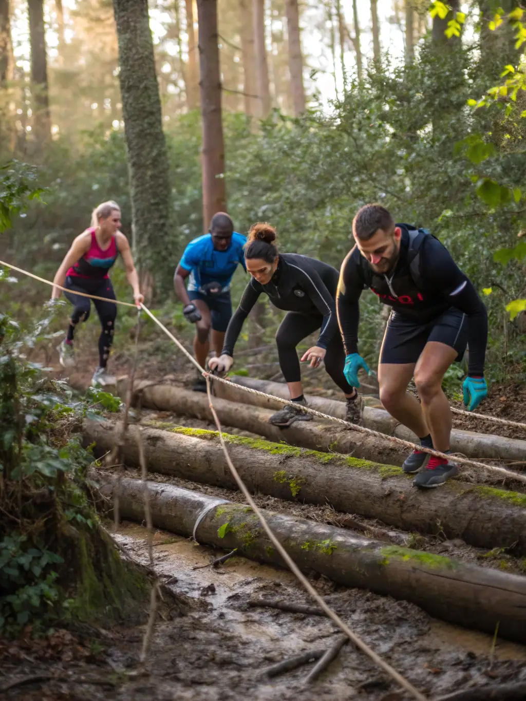 Runners navigating a muddy trail during a training session, highlighting the challenges and rewards of off-road running with BRANCEILLES K.M.19.