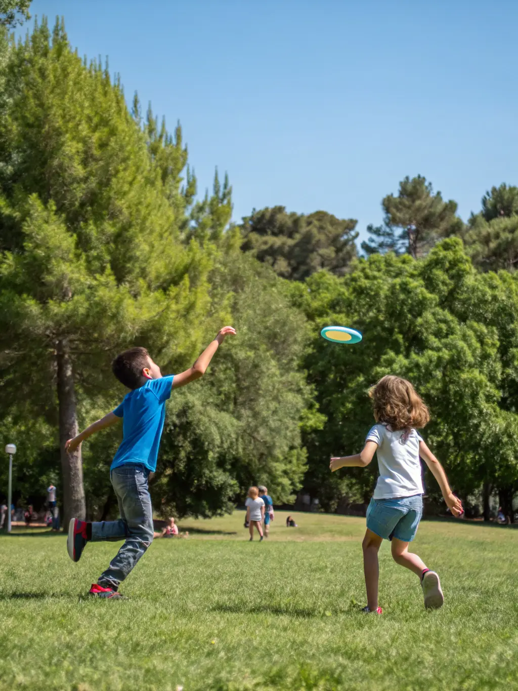 Children and adults participating in a group outdoor activity, smiling and engaging in sports, representing the youth and community programs.