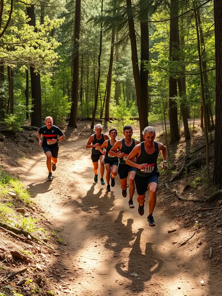 A coach demonstrating proper downhill running form to a small group of athletes on a moderately steep, natural trail, showcasing BRANCEILLES K.M.19's training expertise.