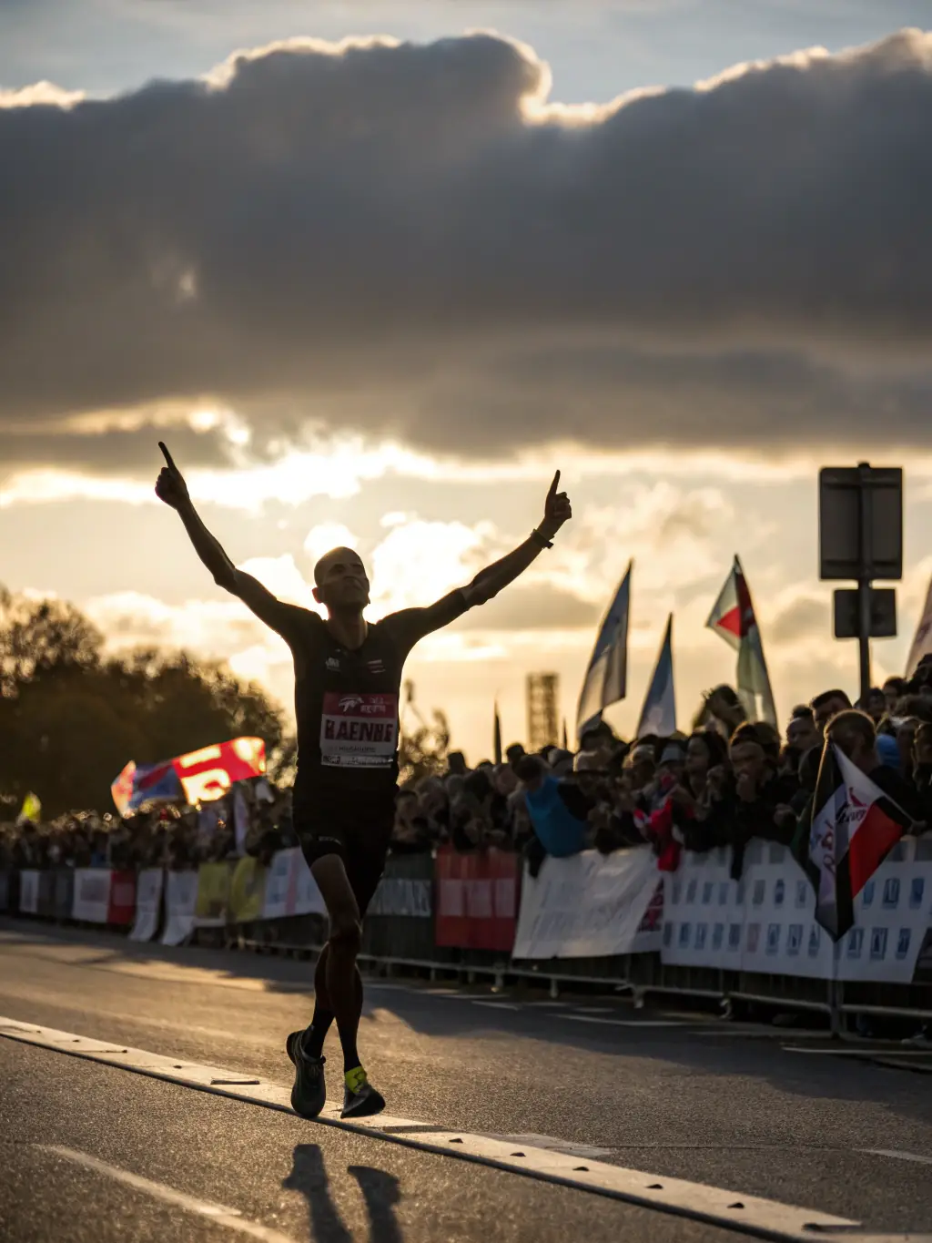 Runners crossing the finish line of a scenic trail race, with cheering spectators and vibrant banners, capturing the excitement of the annual races.